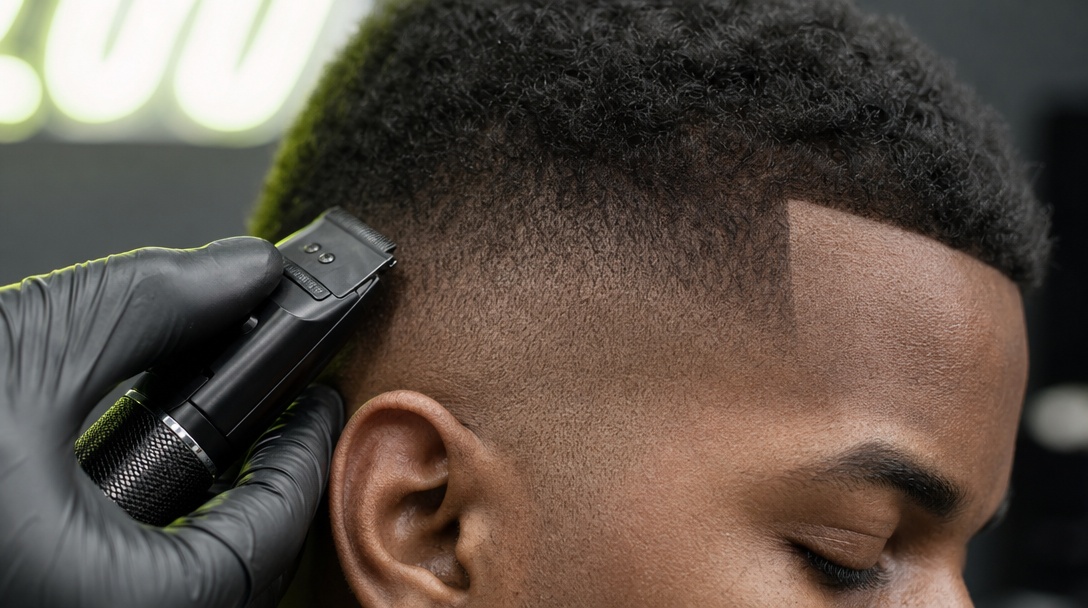 Imagen ilustrativa: barbero con guantes haciendo un fade con máquina