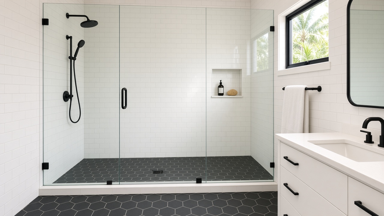 Imagen ilustrativa: baño remodelado con ducha de cristal, losa blanca y gabinete